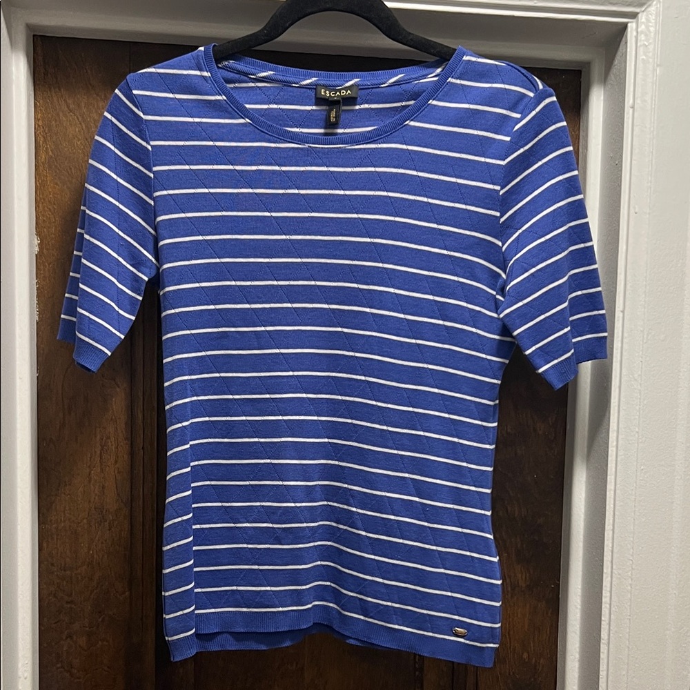 Escada Blue & White Striped Pointelle Top, Sz S